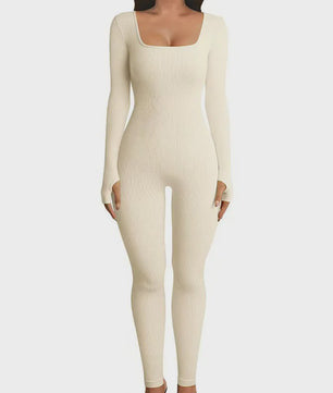 Ribbel Jumpsuit Dames - Naadloos Seamless Sport Bodysuit met Lange Mouwen
