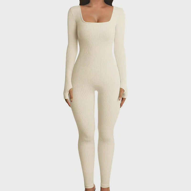 Ribbel Jumpsuit Dames - Naadloos Seamless Sport Bodysuit met Lange Mouwen