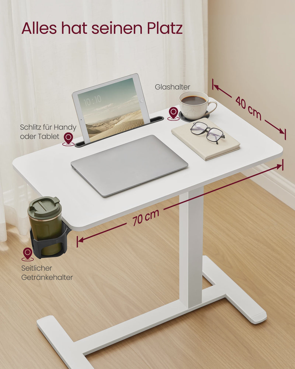 VASAGLE Mobiele bijzettafel met wielen, verstelbare hoogte, 70x40 cm, 2 bekerhouders - Ideaal als laptoptafel of bar