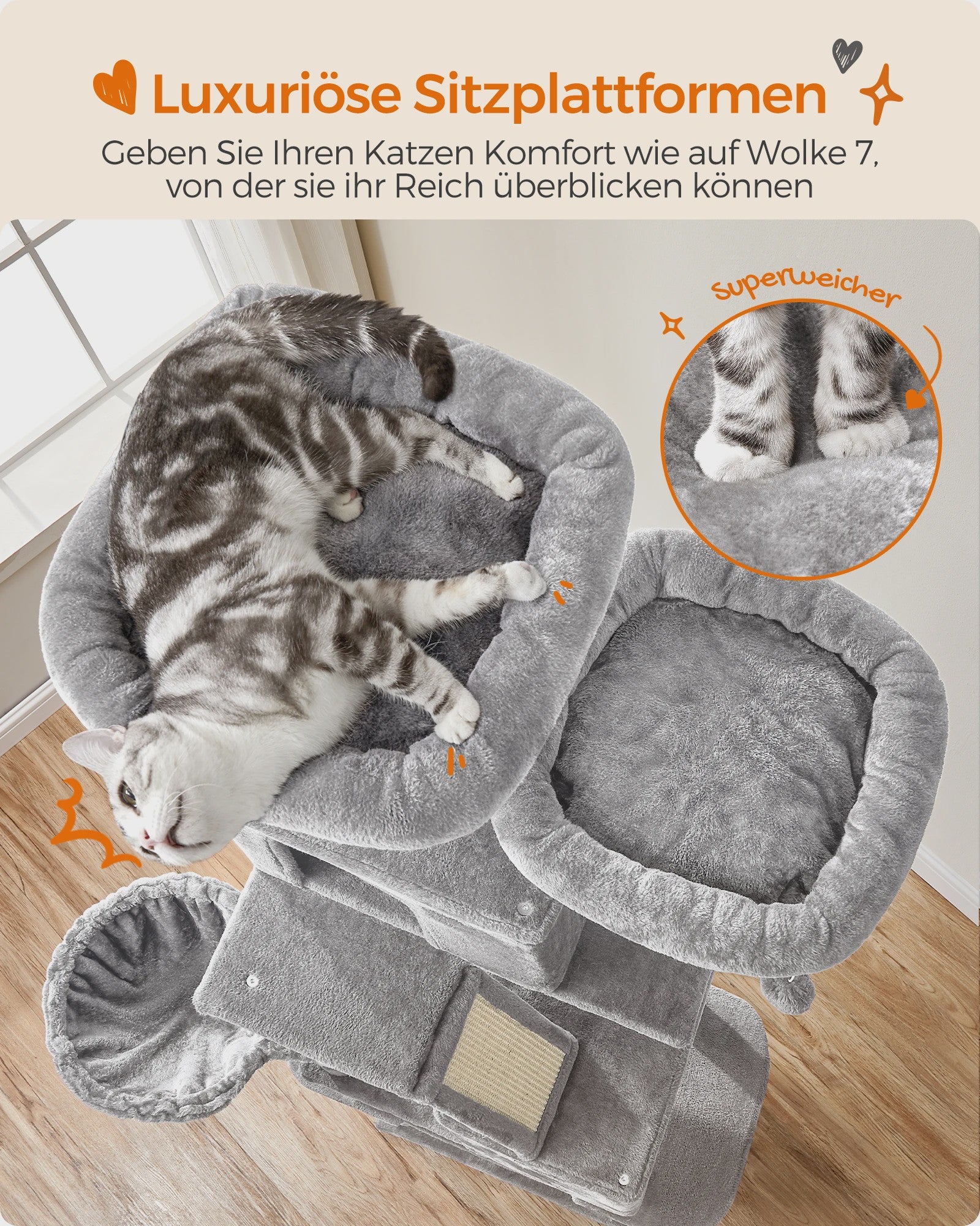 XXL Krabpaal 206 cm hoog - Grote kattenboom met 13 krabpalen, 2 holtes, hangmat & ballen