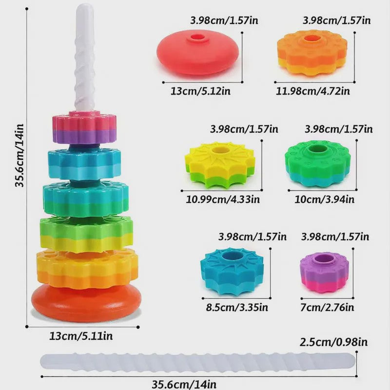 Montessori Regenboog Stapeltoren met Draaiende Tandwielen - Educatief Speelgoed voor Kinderen