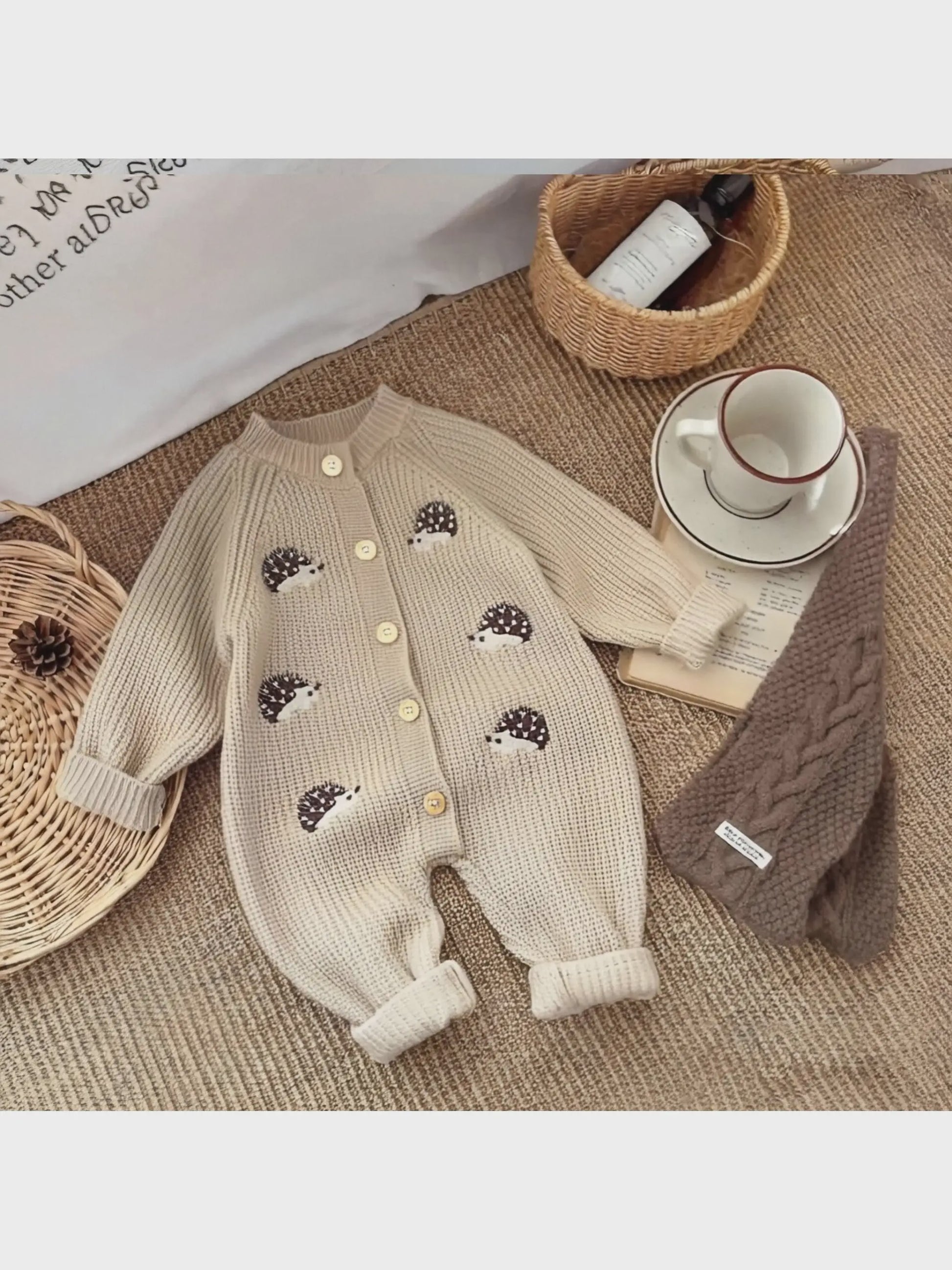 Schattige Baby Gebreide Jumpsuit met Egel Print - Lente & Herfst Kruippakje