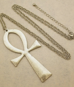 Vintage Egyptische Ankh Kruis Ketting - Grote Hanger met Lange Ketting