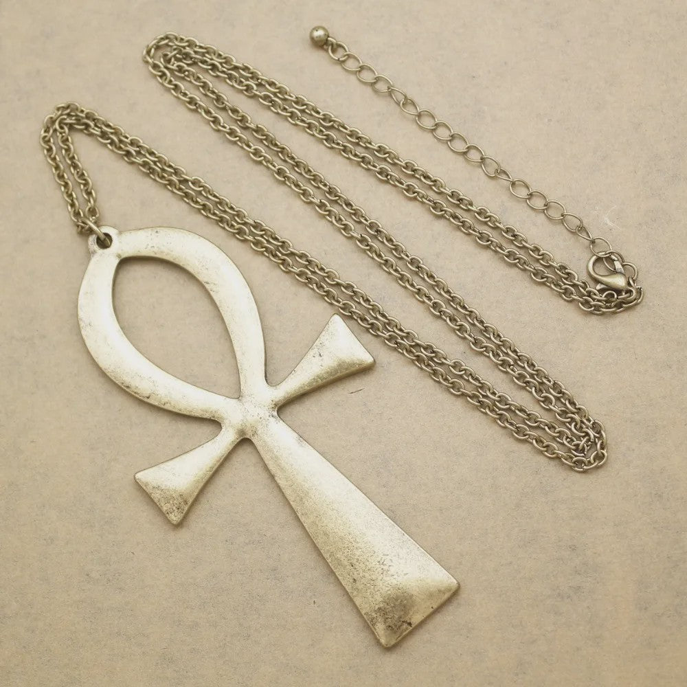 Vintage Egyptische Ankh Kruis Ketting - Grote Hanger met Lange Ketting