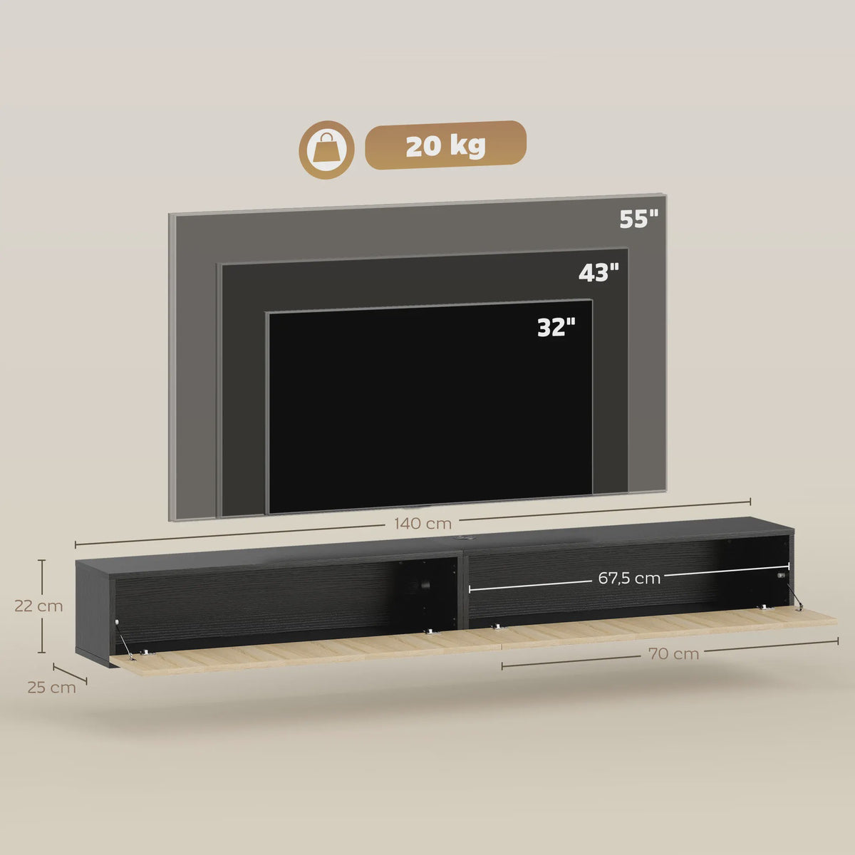 Zwevende TV Meubel 140cm met 2 Klapdeuren - Natuurlijk Hout & Zwart