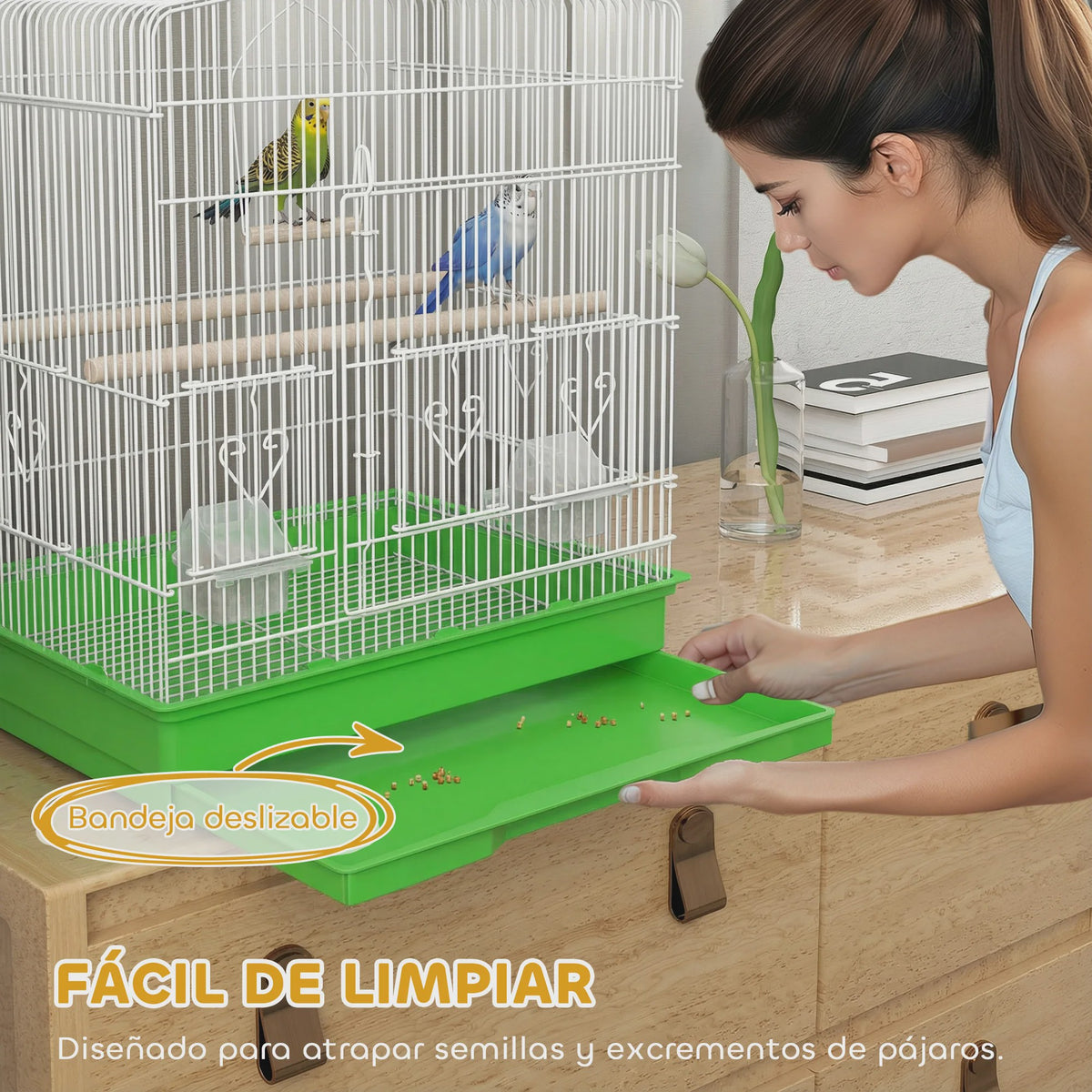 Pawhut Vogelkooi 46.5x36x59 cm met 2 Voederbakjes, 2 Zitstokken, Schommel en Uitschuifbare Lade