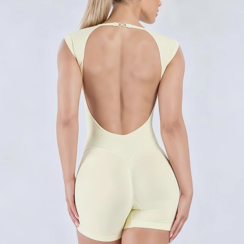 HISTELLO Seamless Gym Jumpsuit Dames - Korte Mouw, Backless & Slim Fit voor Fitness & Yoga