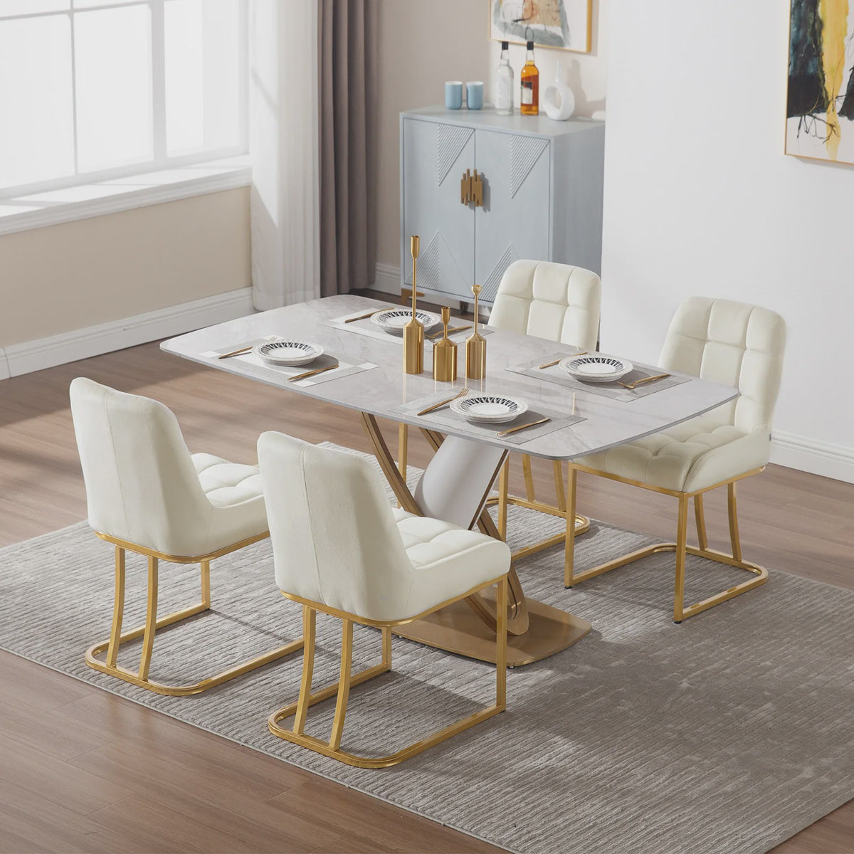 Set van 2 Luxe Velours Eetkamerstoelen met Gouden Metalen Frame - Comfortabel & Stijlvol