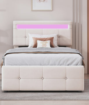 Kinderbed 90x200 cm Beige Velours met LED Verlichting, Hydraulische Opbergruimte en Verstelbaar Hoofdbord