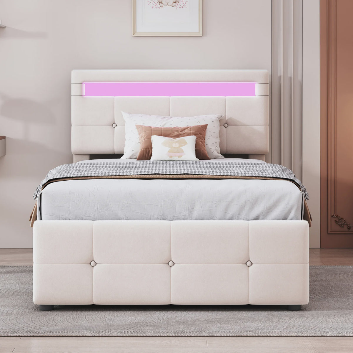 Kinderbed 90x200 cm Beige Velours met LED Verlichting, Hydraulische Opbergruimte en Verstelbaar Hoofdbord