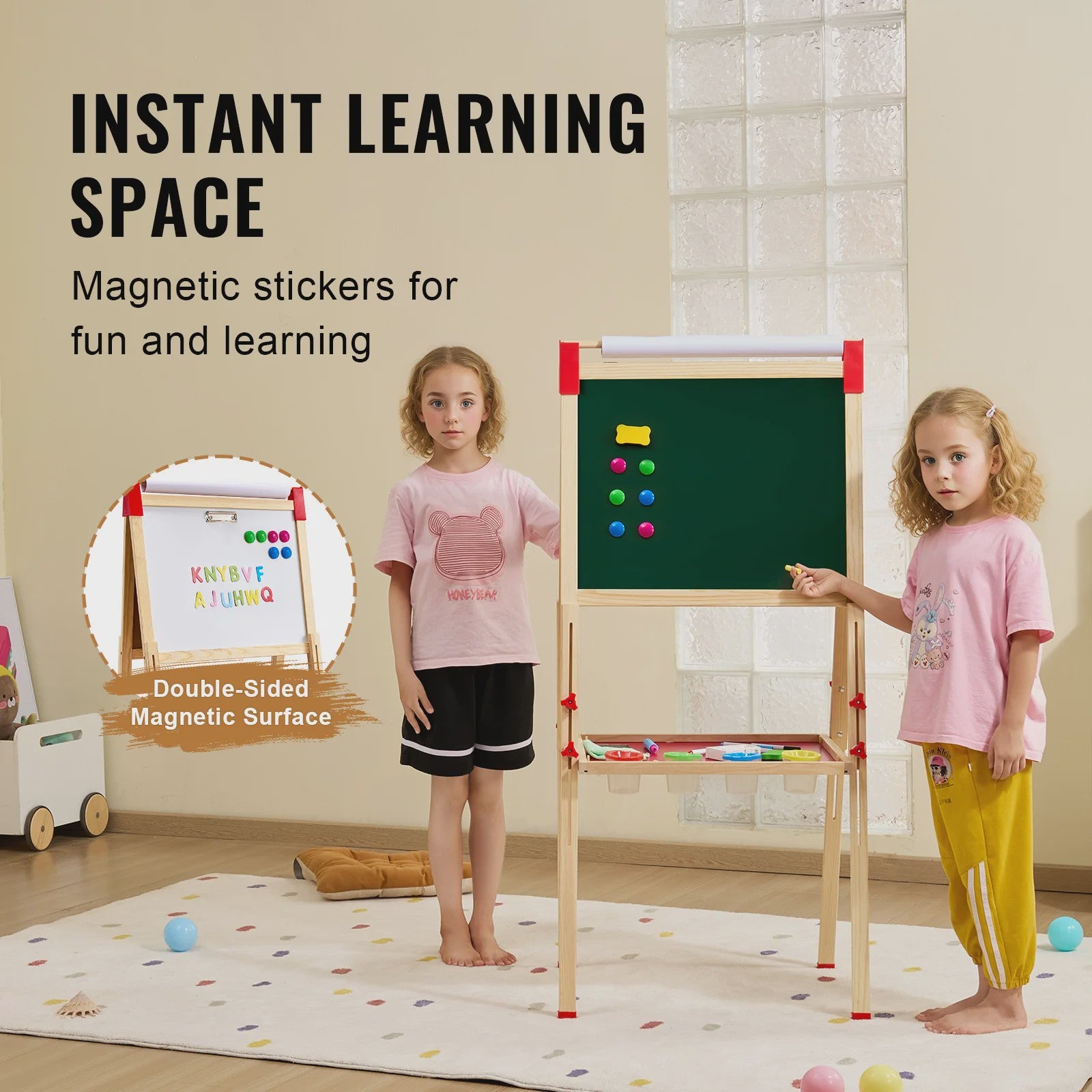 Dubbelzijdig Houten Teken-easel voor Kinderen met Whiteboard & Krijtbord - Inclusief 37 Accessoires
