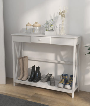 Witte Houten Console Tafel met Lade en Opbergplank - 100x30x81 cm