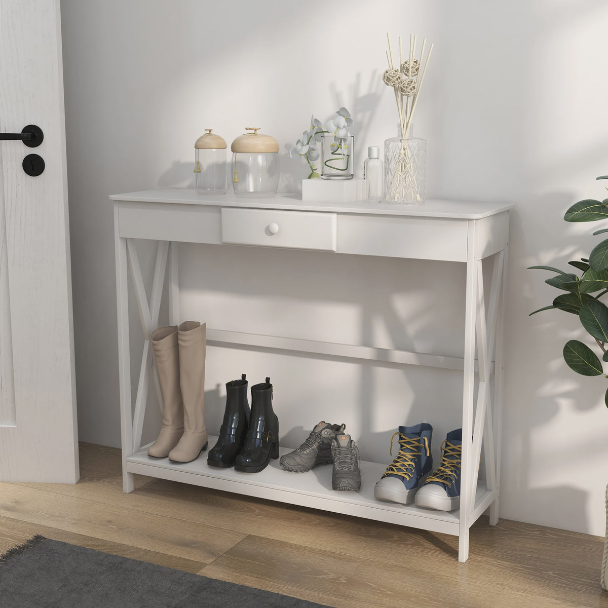 Witte Houten Console Tafel met Lade en Opbergplank - 100x30x81 cm