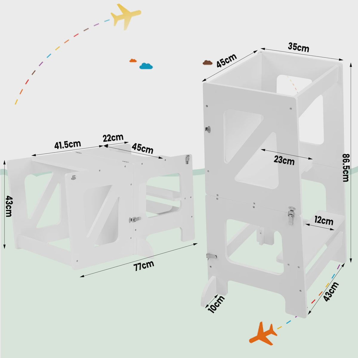 3-in-1 Montessori Kinder Keukentoren met Tafel & Bord - Opvouwbaar & Veilig