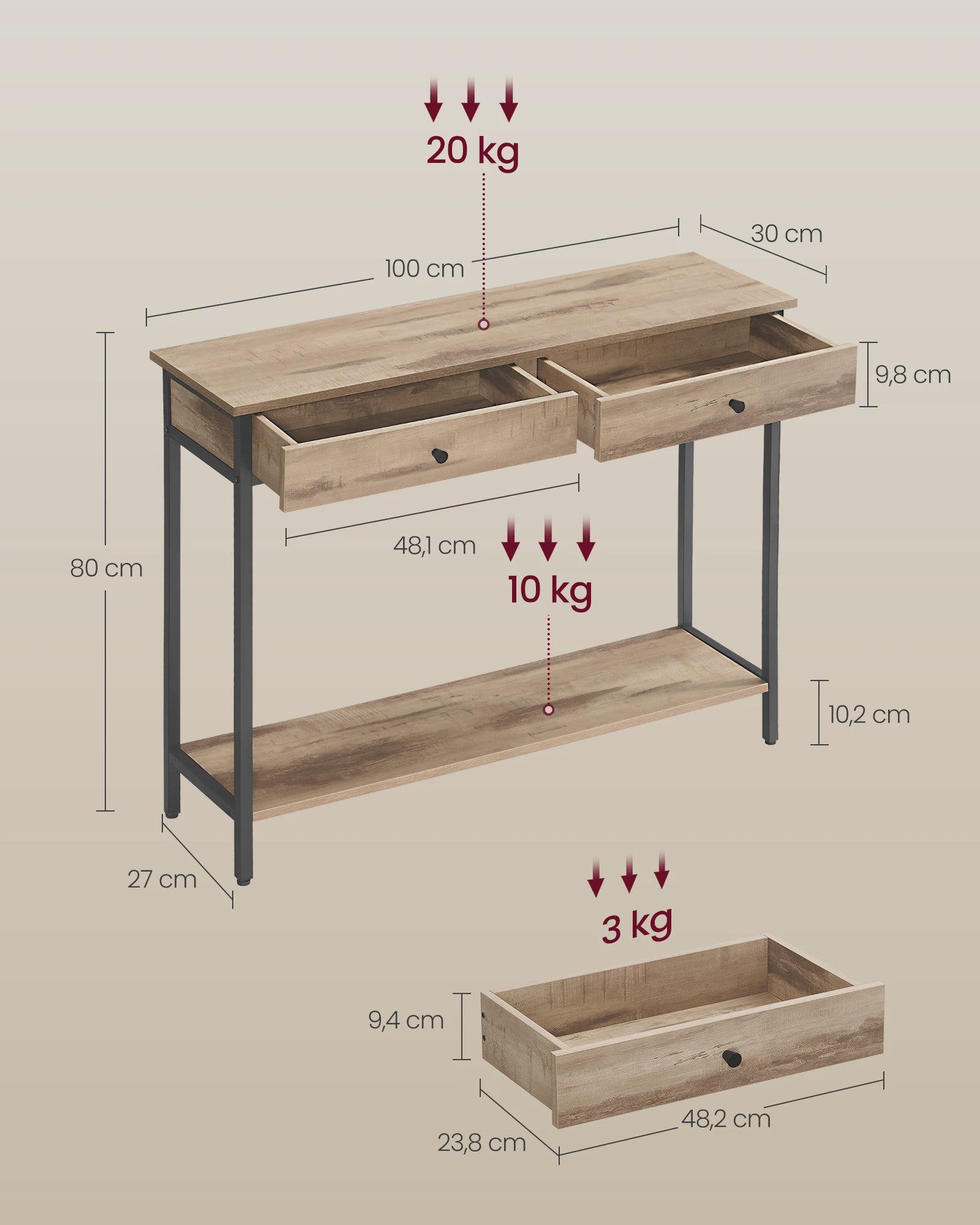 VASAGLE Console Tafel met 2 Lades en Open Plank - Stijlvolle Halmeubel