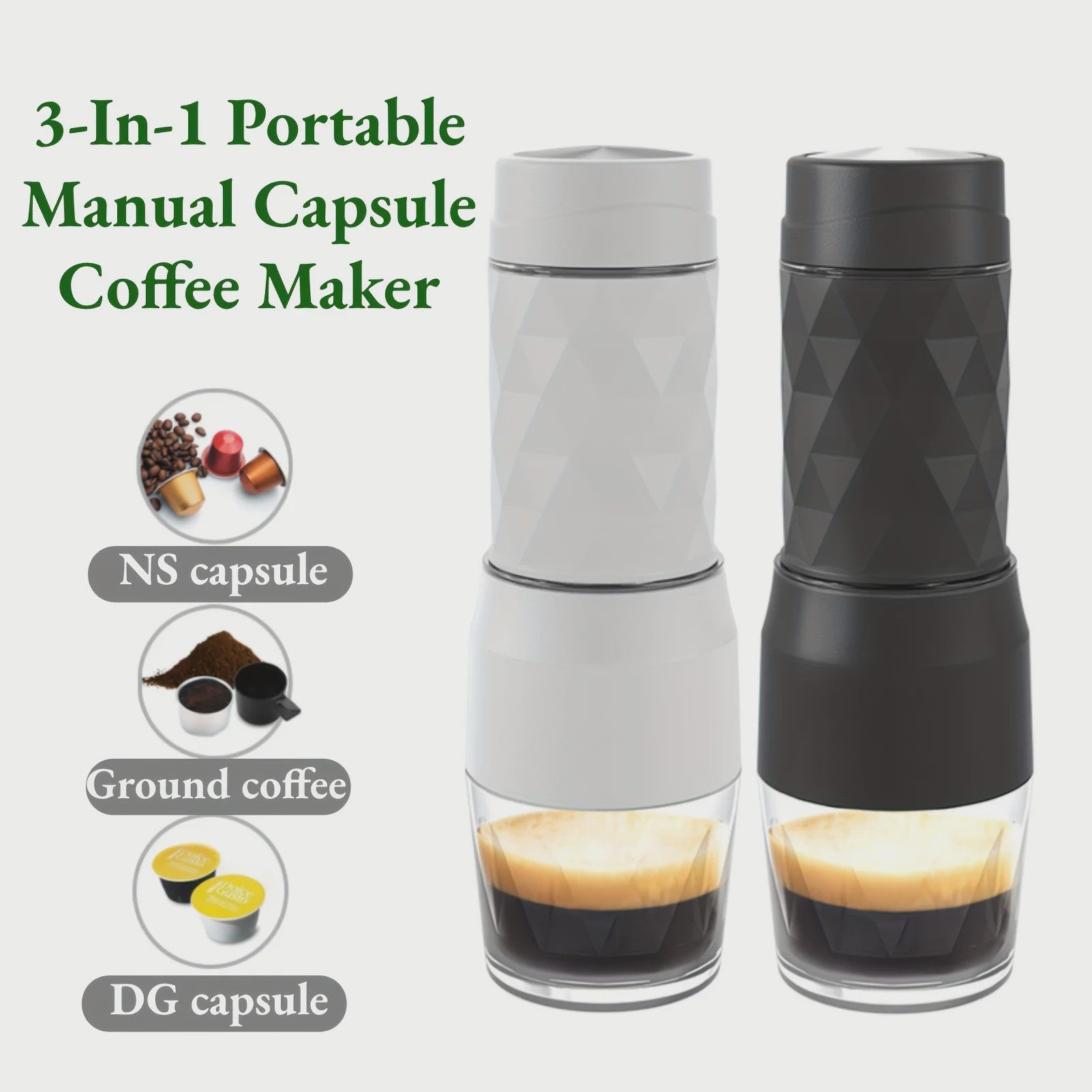 HOMEFISH 3-in-1 Draagbare Koffiemachine: Espresso, Capsules & Gemalen Koffie voor Onderweg