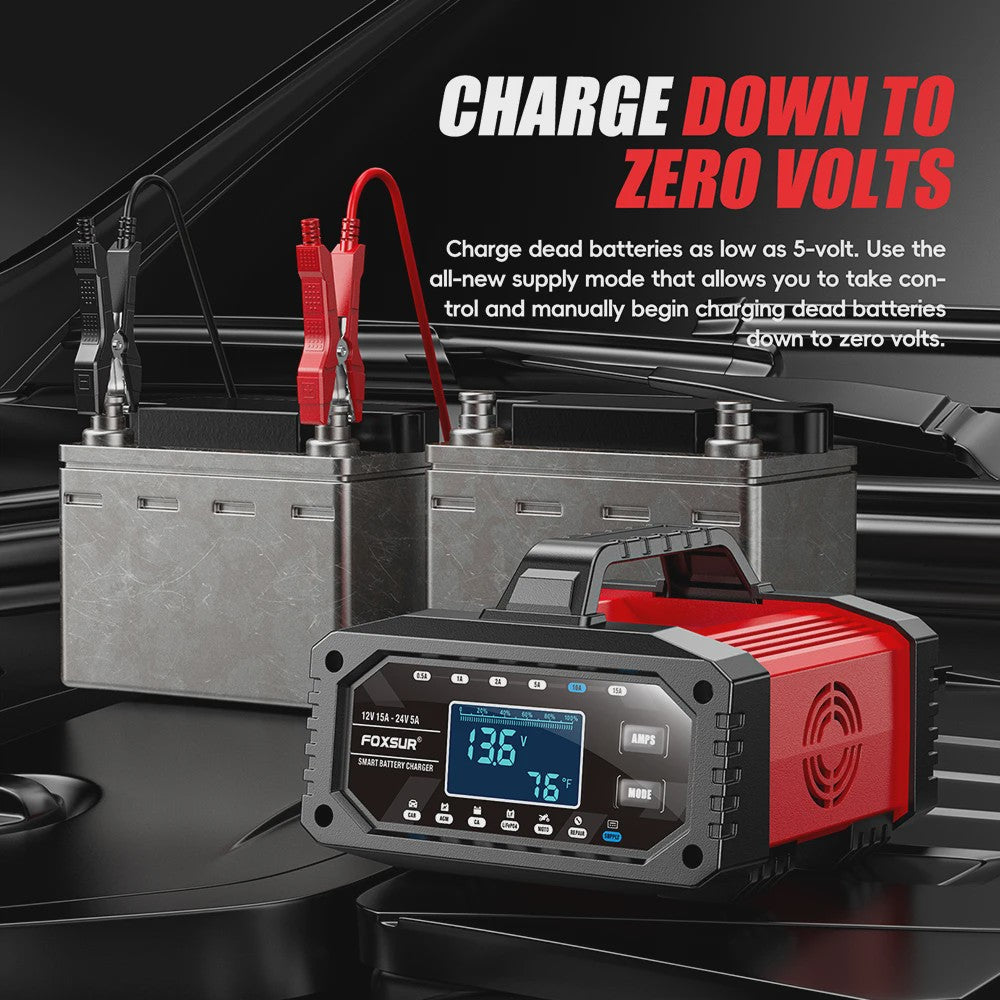 Slimme Acculader 12V 15A / 24V 5A voor Auto, Motor, Gel, AGM, LiFePO4 Batterijen