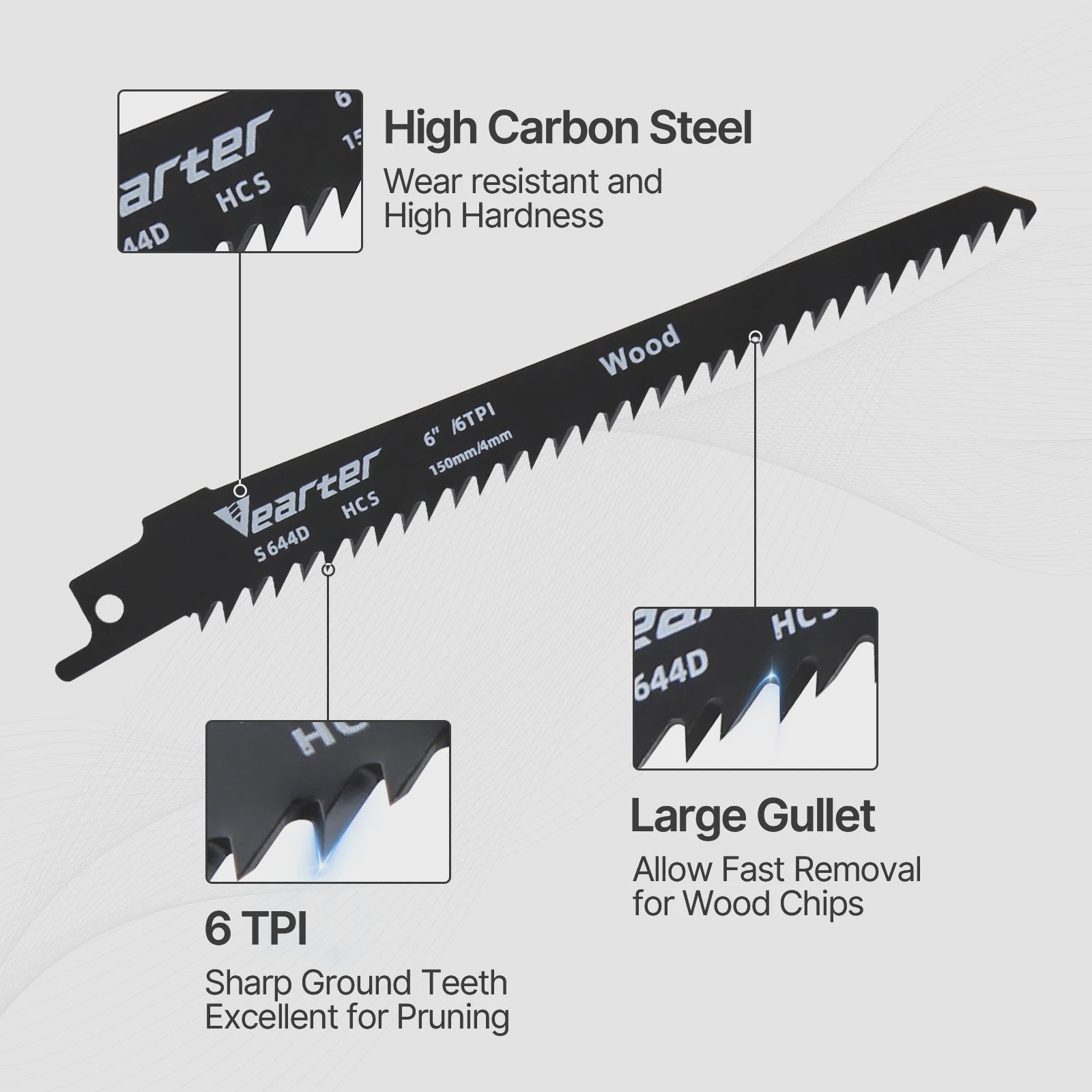 Vearter S644D 5-delige Reciprozaagbladen Set - 150mm (6") HCS, 6 TPI - Voor Hout & PVC