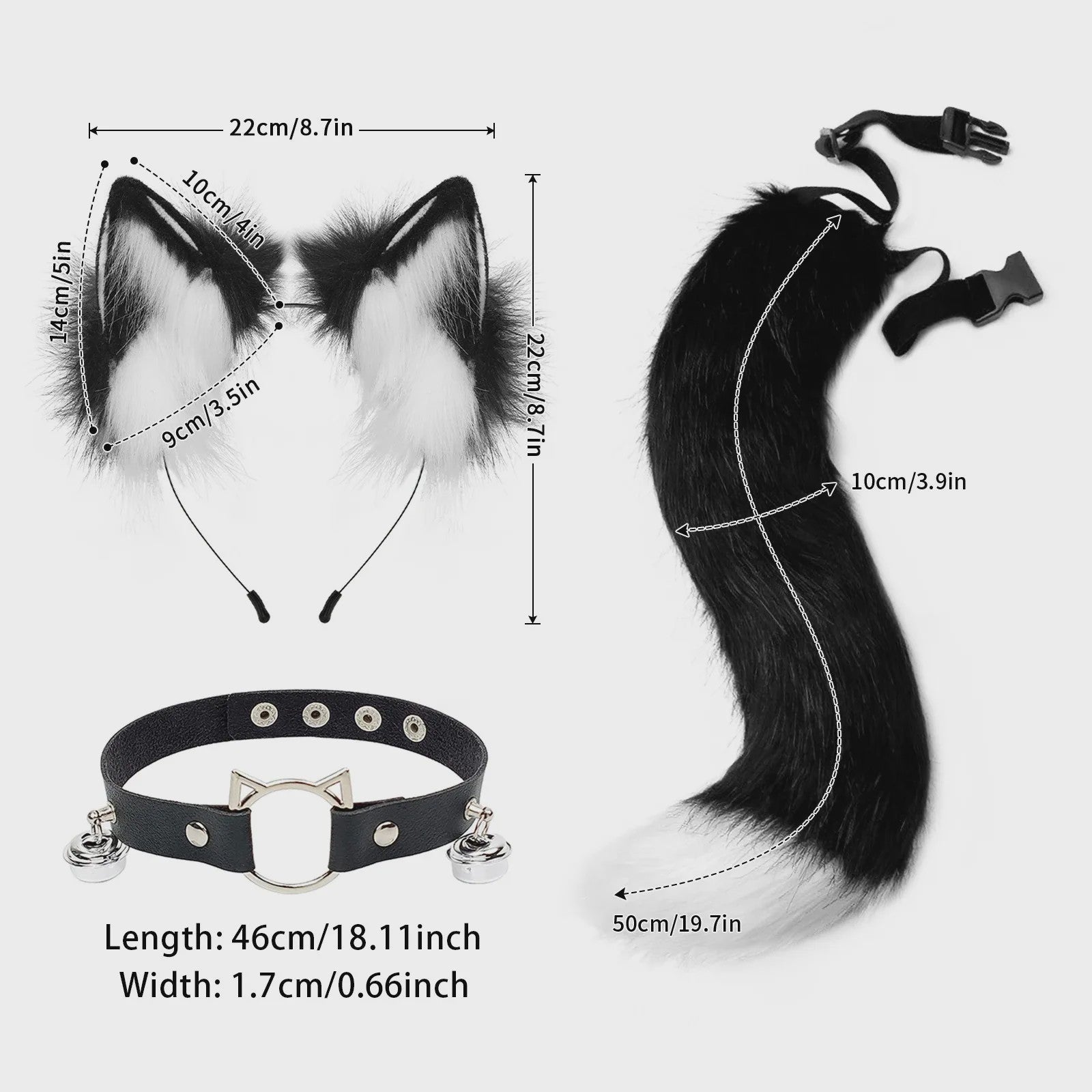 Dierenoren Hoofdband, Staart & Choker Set - Faux Fur Kat, Wolf, Vos - Cosplay & Feestkostuum