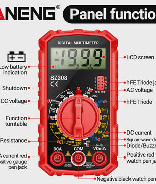 ANENG SZ308 Digitale Multimeter: AC/DC Metingen, Weerstand, LCD Scherm & Vierkante Golf Test
