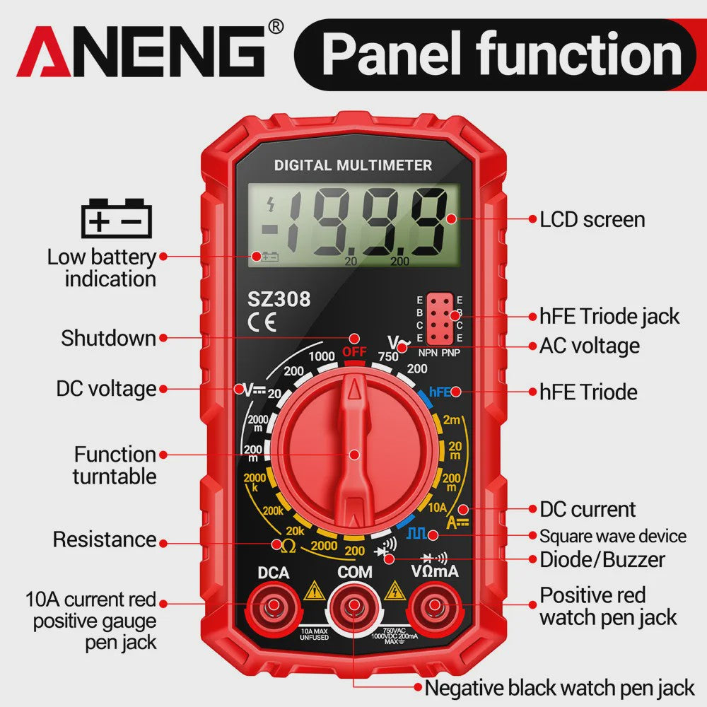 ANENG SZ308 Digitale Multimeter: AC/DC Metingen, Weerstand, LCD Scherm & Vierkante Golf Test