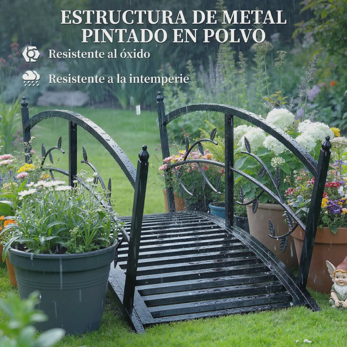 Metalen Tuinbrug 1.2m met Sierlijke Bladmotieven en Veiligheidsreling - Zwart