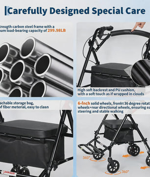 2-in-1 Rollator Walker met Zitje & Voetensteun - Lichtgewicht Rolstoel voor Senioren