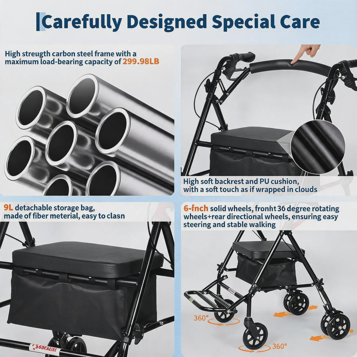 2-in-1 Rollator Walker met Zitje & Voetensteun - Lichtgewicht Rolstoel voor Senioren