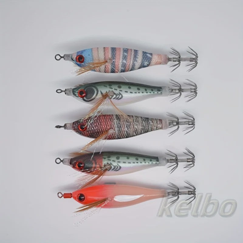 5x Visloodjes Set - Glow-in-the-Dark Kunstaas met 3D Ogen - Realistisch Garnalen, Inktvis, Octopus - Hard Bait Jig Lures met Haken