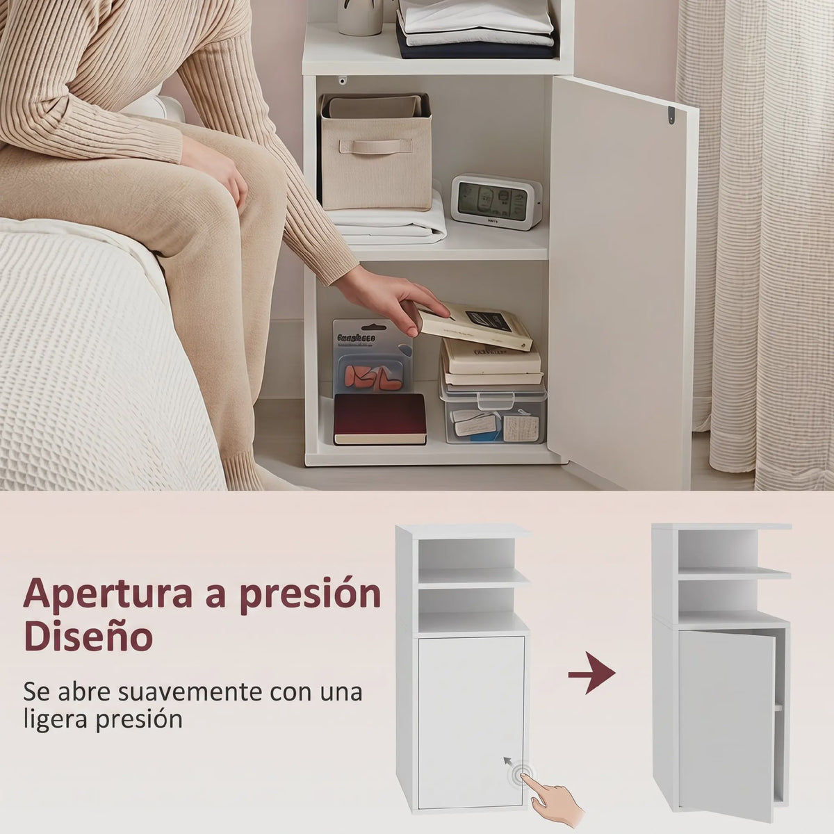 Set van 2 Witte Nachtkastjes met Deur en Open Vakken - Compact Slaapkamer Meubel 25x30x60 cm