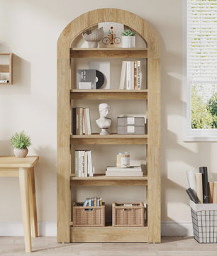 Houten Boekenkast met 5 Bogen - 71.6 Inch Hoge Staande Opbergkast in Teak Kleur