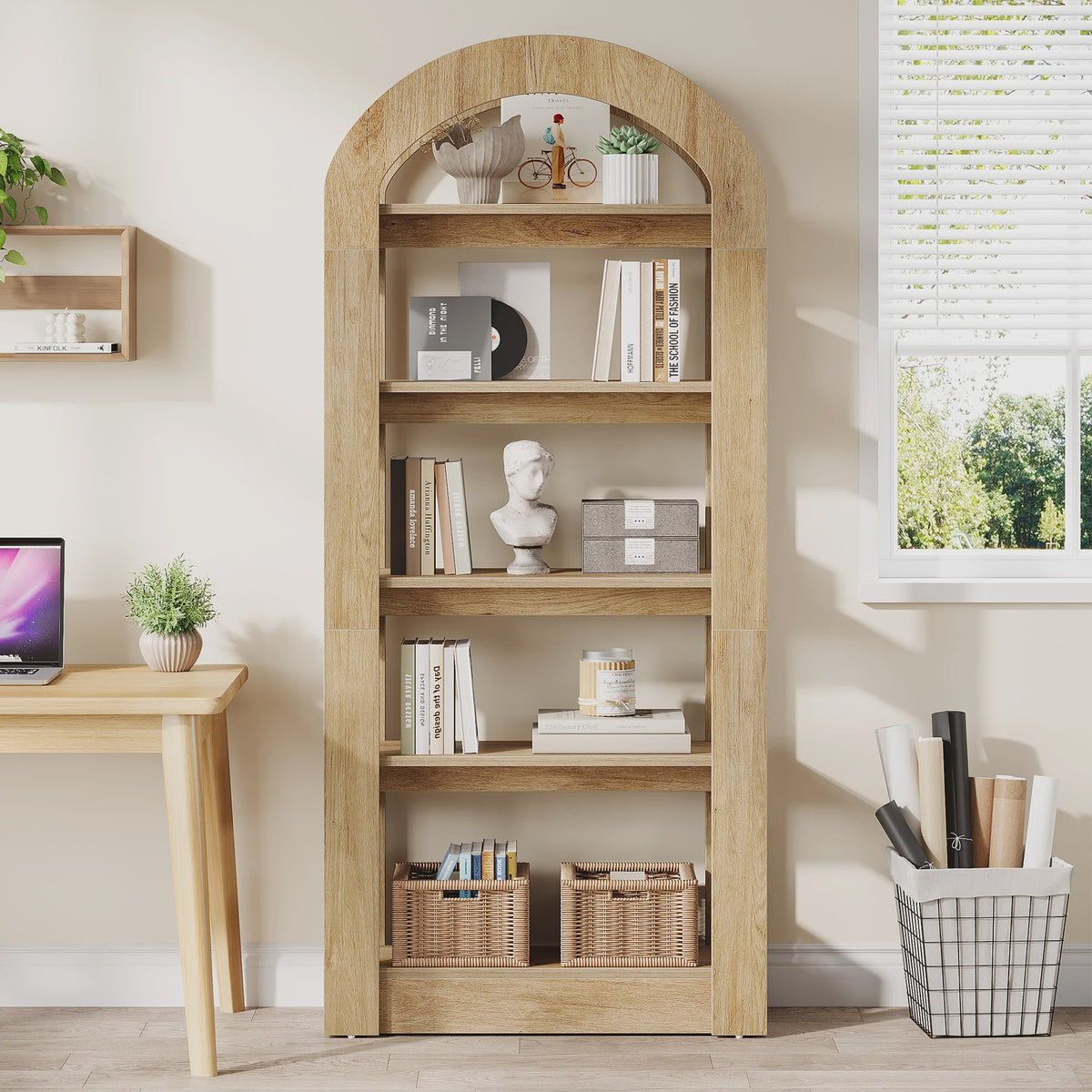 Houten Boekenkast met 5 Bogen - 71.6 Inch Hoge Staande Opbergkast in Teak Kleur