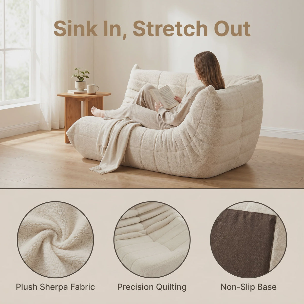 Sherpa Fleece Beanbag Fauteuil - Comfortabele Lounge Stoel voor Woonkamer & Slaapkamer