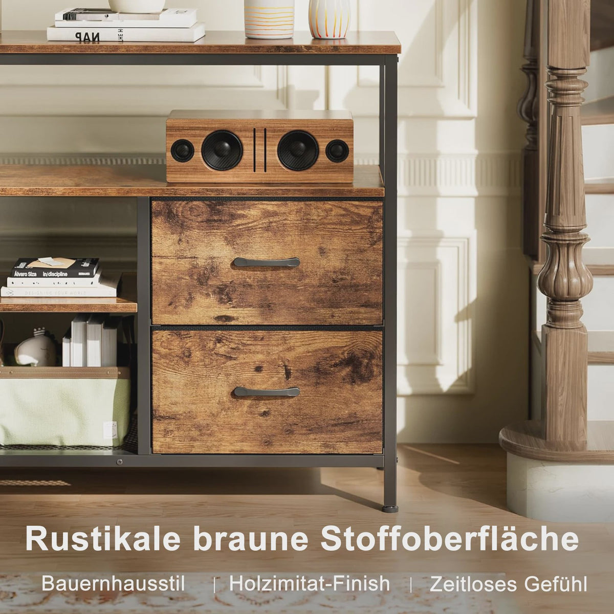 Industrieel TV-meubel 108cm met 4 Stoffen Lades en RGB LED-verlichting