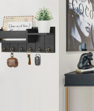 Rustieke Houten Wand Organizer met Postvak en 6 Sleutelhaken