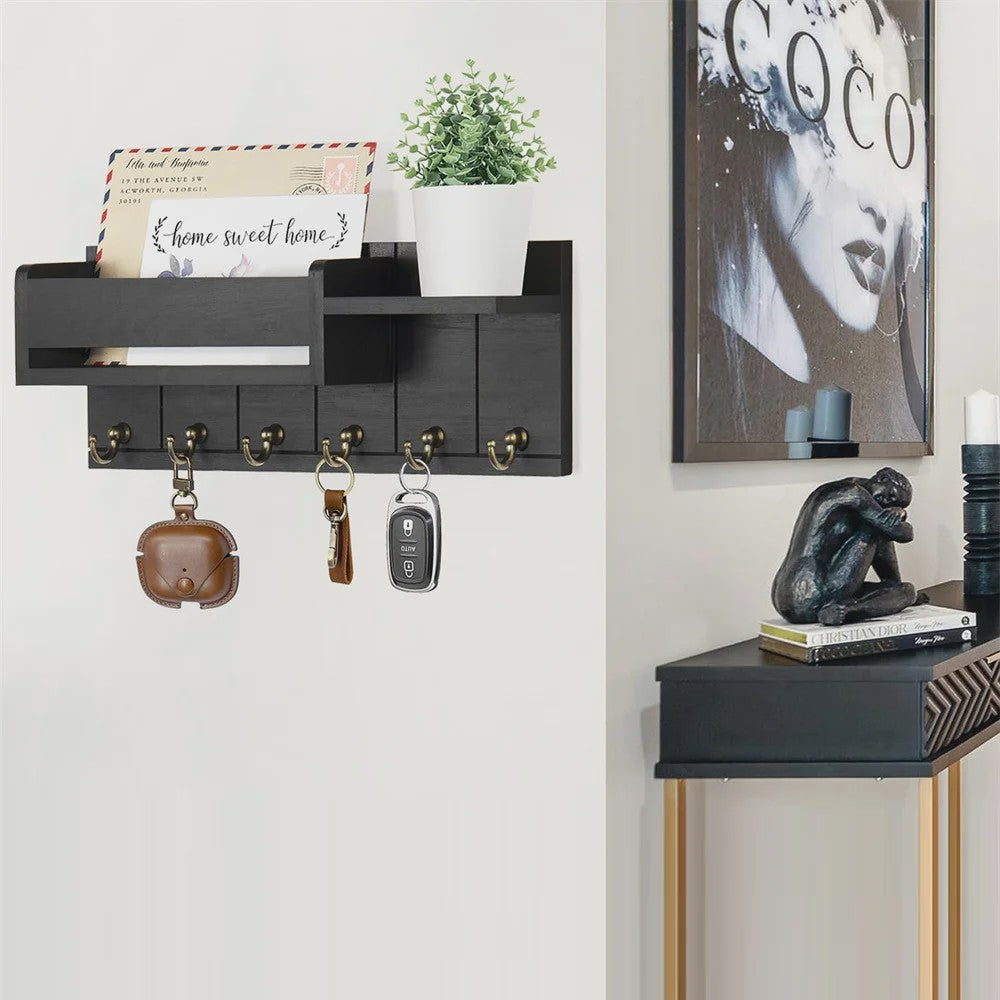 Rustieke Houten Wand Organizer met Postvak en 6 Sleutelhaken