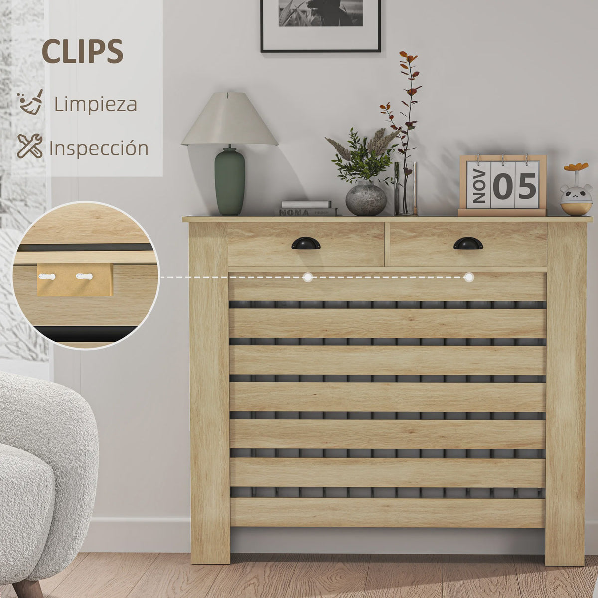Stijlvolle MDF Radiatorombouw met Lade - Eikenlook - 111x19x95.5 cm