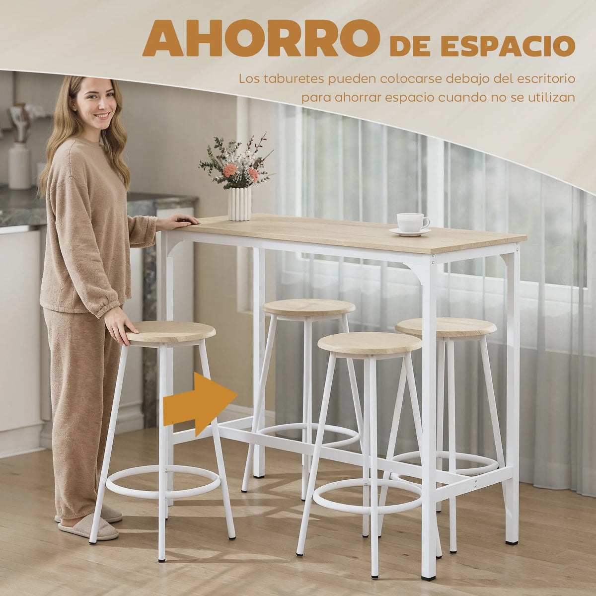 Homcom 5-Piece Bar Table and Chairs Set with Natural and White Metal Frame