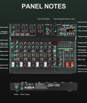 FULUODE V-600 Professionele 6-Kanaals Mixer met 320 DSP Effecten, Bluetooth & 48V Fantoomvoeding