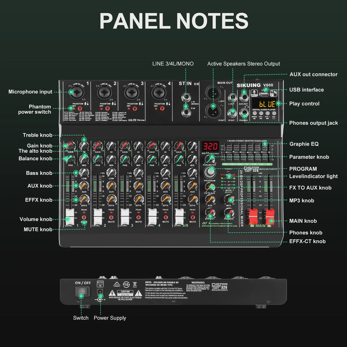 FULUODE V-600 Professionele 6-Kanaals Mixer met 320 DSP Effecten, Bluetooth & 48V Fantoomvoeding