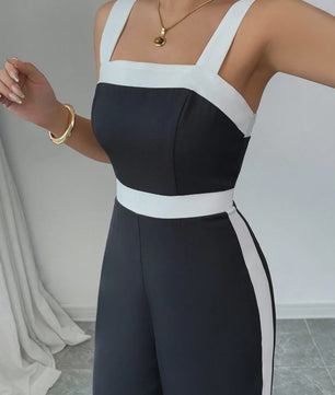 Elegante Zwart-Witte Jumpsuit met Vierkante Hals en Contrastrand - Feestelijke Stijl