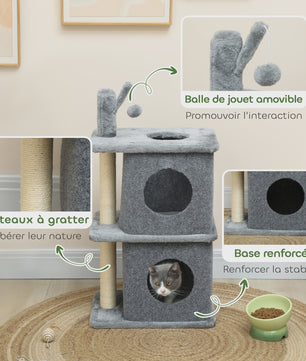 PawHut 3 Tier cat Tree Height 80 cm, Catchered Barb for Cats with 2 niches and Comfortable Roing surface, removable ball, sisal post and soft Plush, for animal 5 kg dark gray