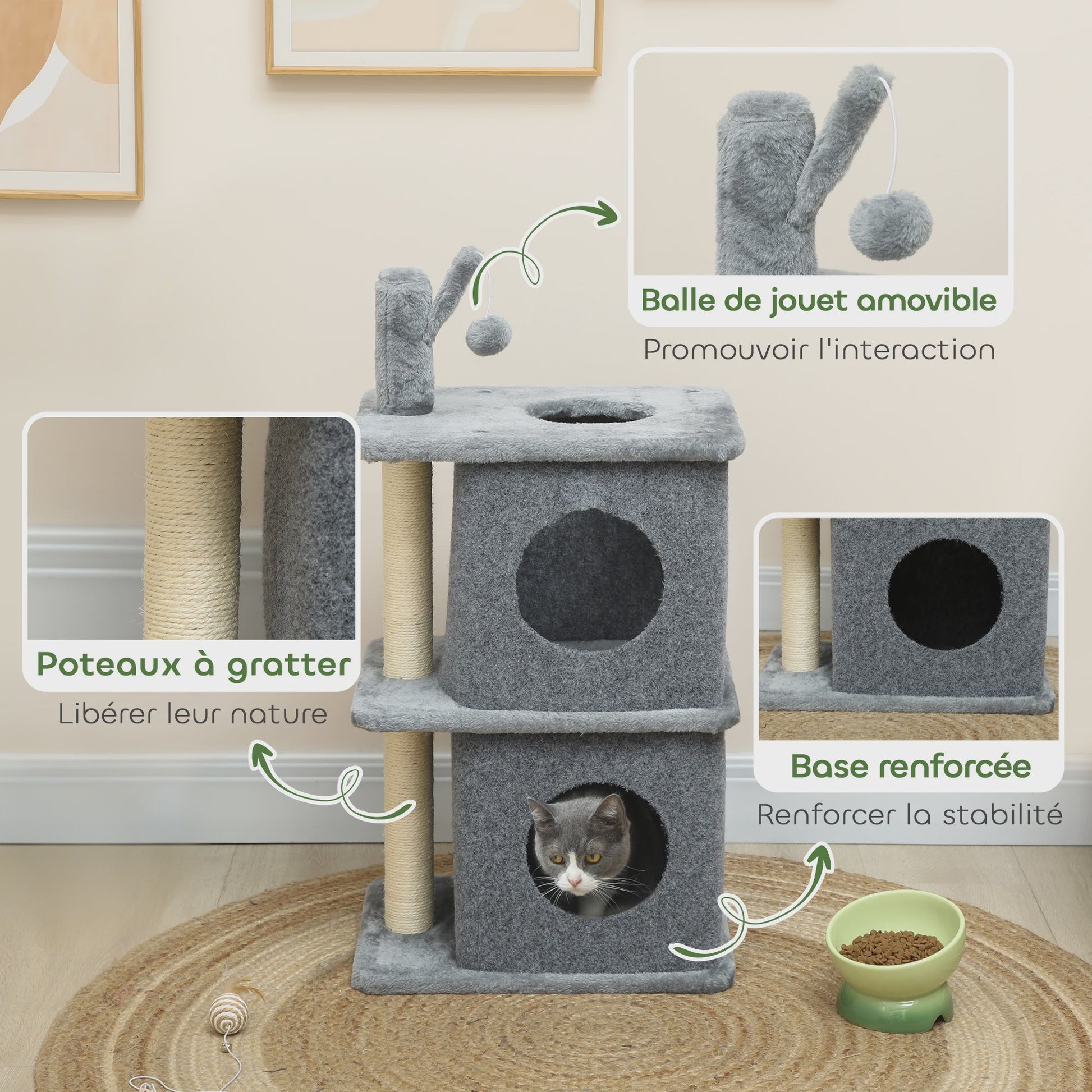 PawHut 3 Tier cat Tree Height 80 cm, Catchered Barb for Cats with 2 niches and Comfortable Roing surface, removable ball, sisal post and soft Plush, for animal 5 kg dark gray