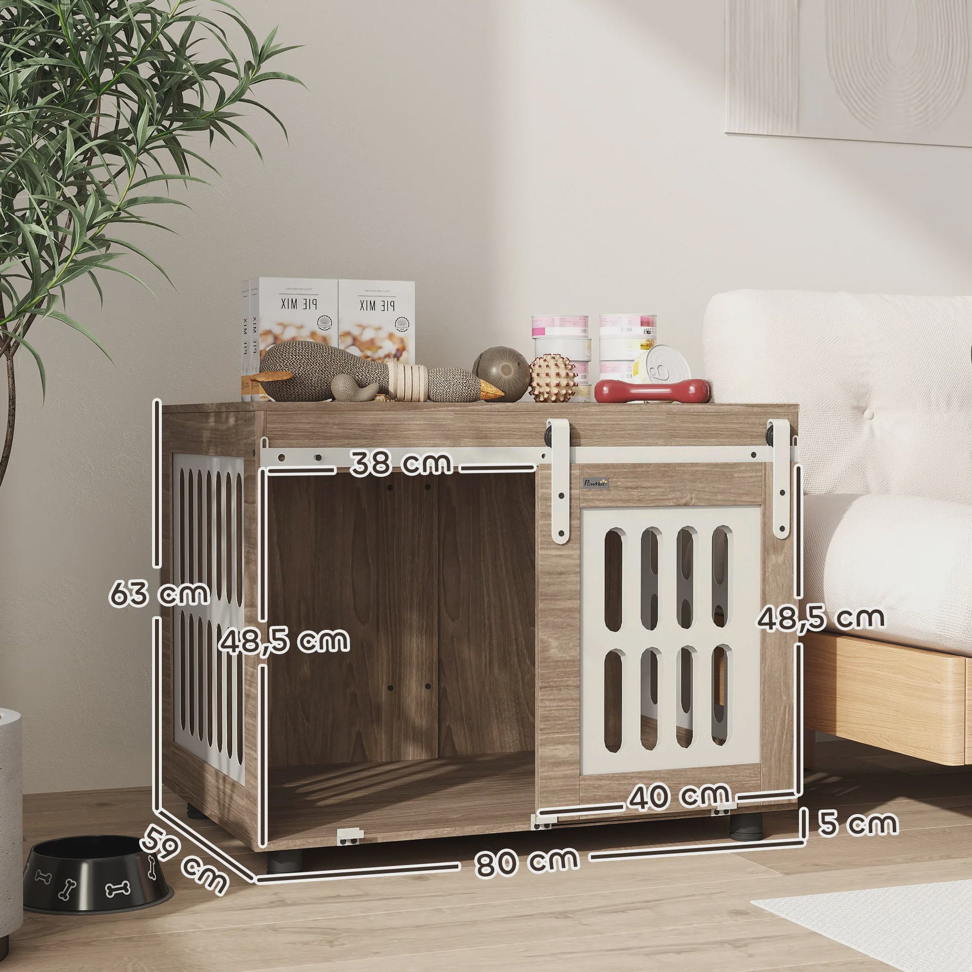 PawHut Houten Hondenkennel met Schuifdeur - Stijlvolle Hondenmand & Bijzettafel voor Middelgrote Honden - Goede Ventilatie