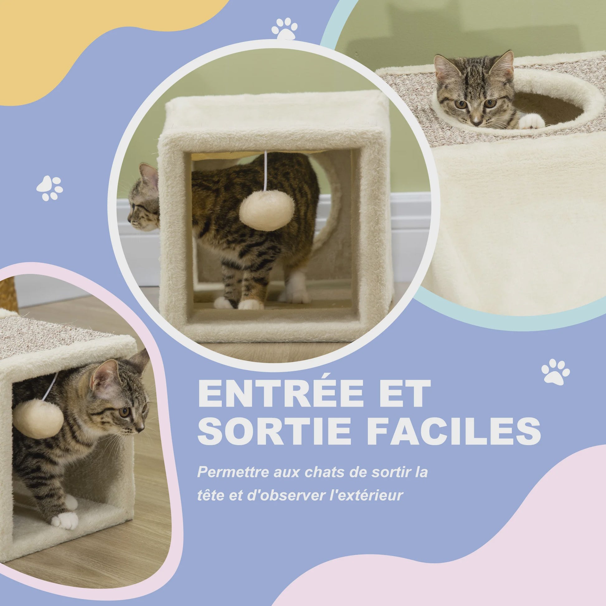 PawHut Katten Tunnel Speelgoed met Hangende Bal en Sisal - 98x30x30 cm Crème