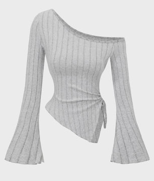 Dames Off-Shoulder T-shirt met Trompetmouwen en Asymmetrische Pasvorm