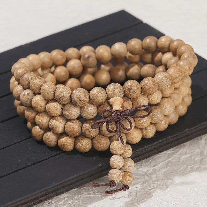 Natuurlijke Sandelhout Mala Armband - Gouden Zijde Boeddha Kralen voor Meditatie & Gebed