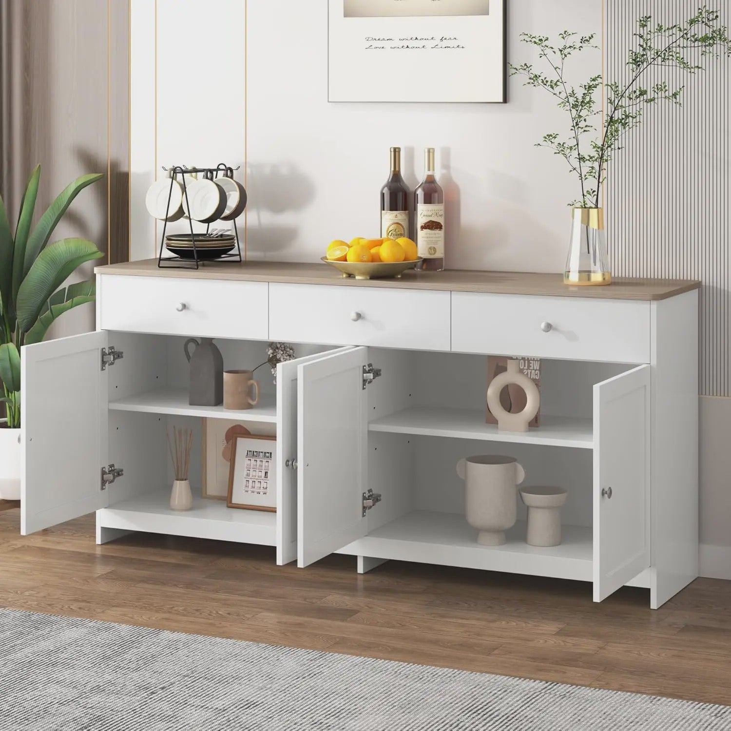 Ruime Buffetkast met 4 Deuren en 3 Lades - Cottage Stijl - 160cm Breed