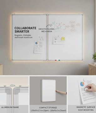 Magnetisch Whiteboard 2 Panelen Inklapbaar 120x100 cm met Aluminium Frame