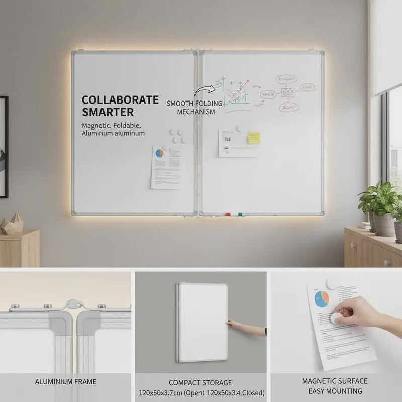 Magnetisch Whiteboard 2 Panelen Inklapbaar 120x100 cm met Aluminium Frame
